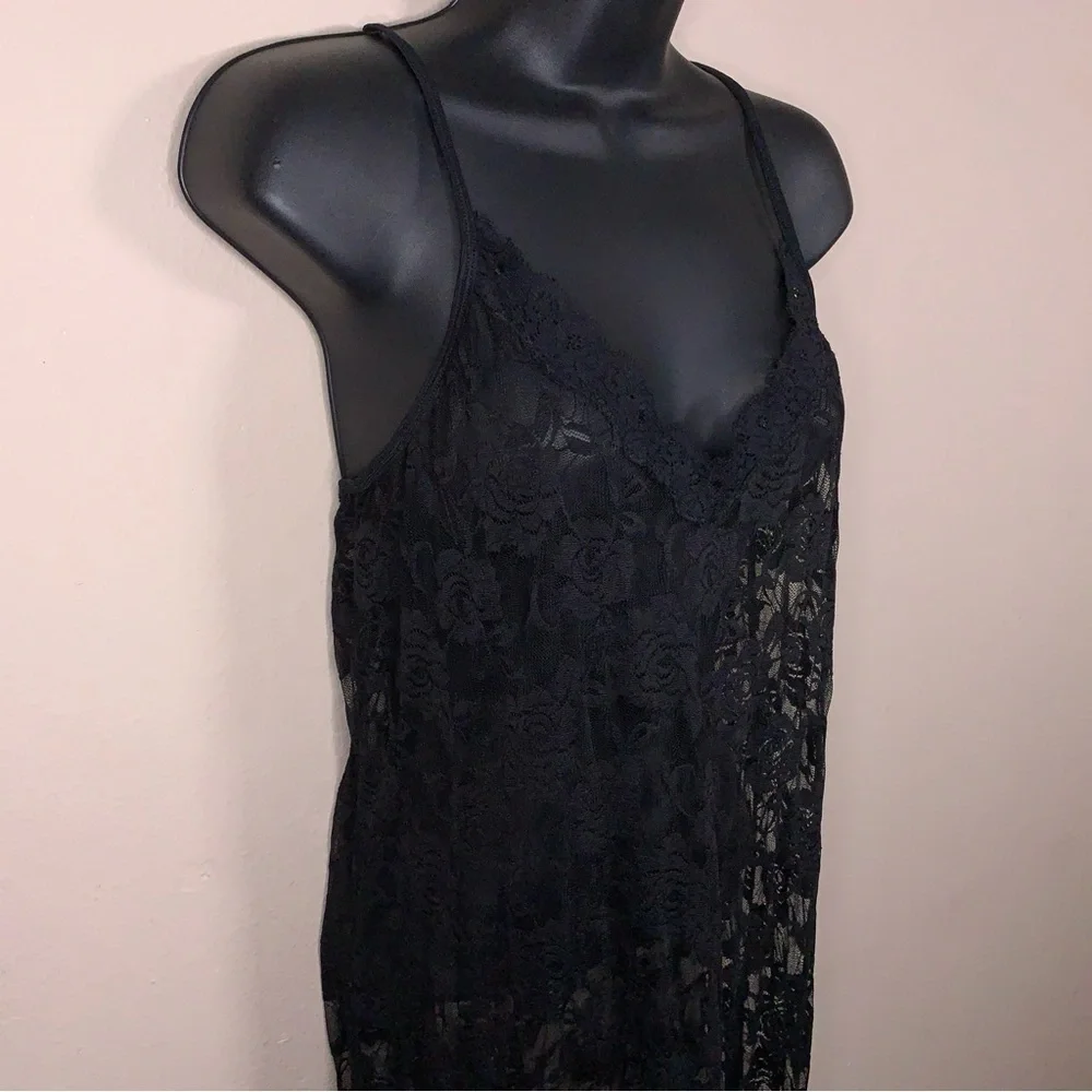 Vintage Small Black Lace Chemise Dress Sheer Retro 90s Era Goth Pinup Glam Vneck